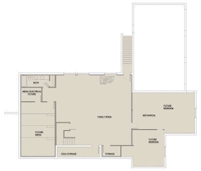 Basement floor plan drawing with 2 future BR, 1 BA, family room, mechanical, future media, cold storage, and stairs. House Plan # 8768-00268
