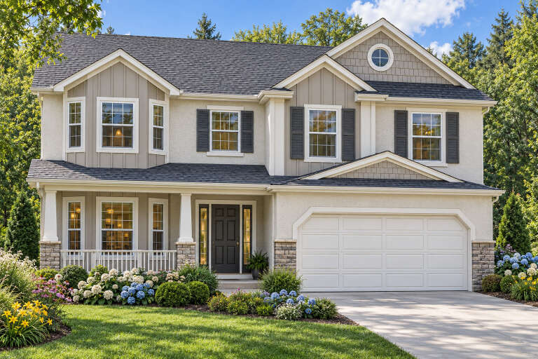 Front view of a tan house in Traditional style, board-and-batten siding, stone accents, covered porch, and two-car garage. House Plan # 8768-00269