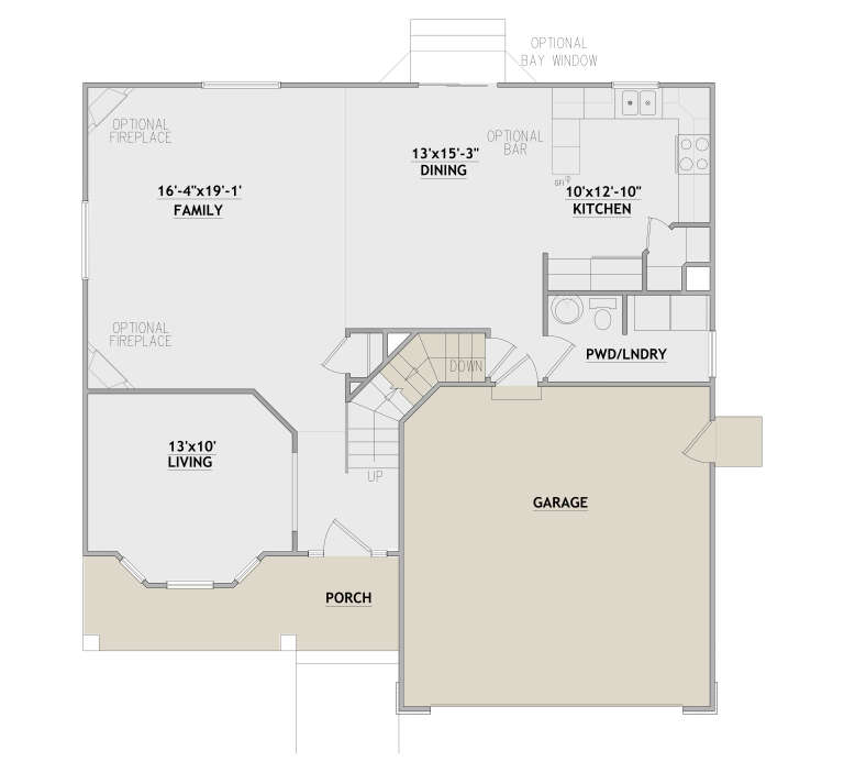 Main floor plan drawing with family room, dining, kitchen, living, PWD/Ldry, 2-car garage, porch, stairs, opt. fireplace. House Plan # 8768-00269