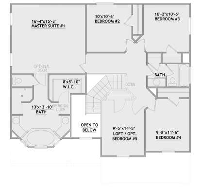 Second floor plan drawing with 5BR, 2BA, WIC, stairs, loft, and open-to-below area. House Plan # 8768-00269