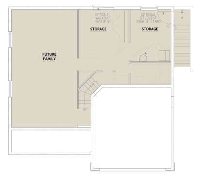 Basement floor plan drawing with future family room, 1BA, storage areas, stairs, and optional walkout basement door. House Plan # 8768-00269