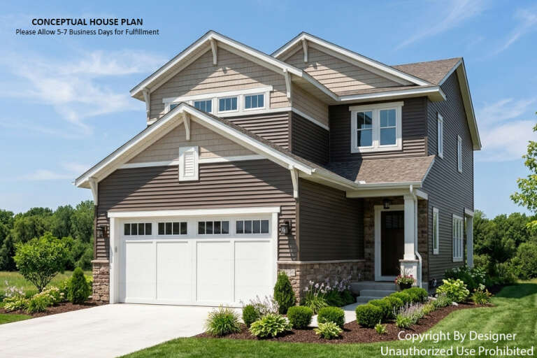 Angled front view of a brown house in Craftsman style, stone base, horizontal siding, gabled roof, and white garage. House Plan # 098-00704
