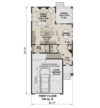 First-floor plan drawing with kitchen, dining, family room, half bath, mudroom, 2-car garage, porch, and 9' ceilings. House Plan # 098-00704