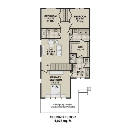 Second-floor plan drawing with 3BR, 2BA, loft, WIC, Ldry, and stairs. All rooms have 8' ceilings. House Plan # 098-00704