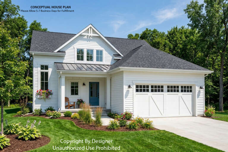 Angled front view of a white house in Modern Farmhouse style, dark roof, blue door, and front-facing garage. House Plan # 098-00705