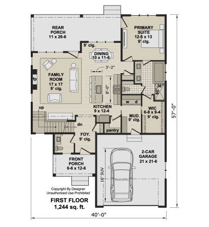 First-floor plan drawing with 1BR, 1.5BA, family room, kitchen, pantry, WIC, mudroom, 2-car garage, and front/rear porches. House Plan # 098-00705