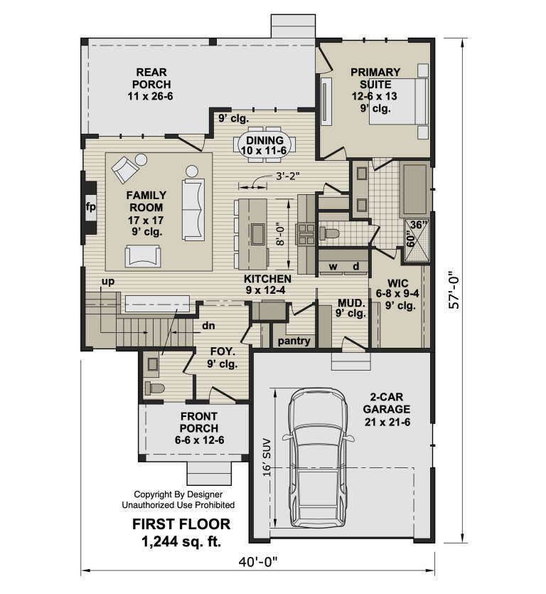 First-floor plan drawing with 1BR, 1.5BA, family room, kitchen, pantry, WIC, mudroom, 2-car garage, and front/rear porches. House Plan # 098-00705