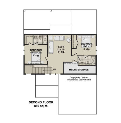 Second-floor plan drawing with 2BR, 2BA, loft, stairs, and mech/storage area. House Plan # 098-00705