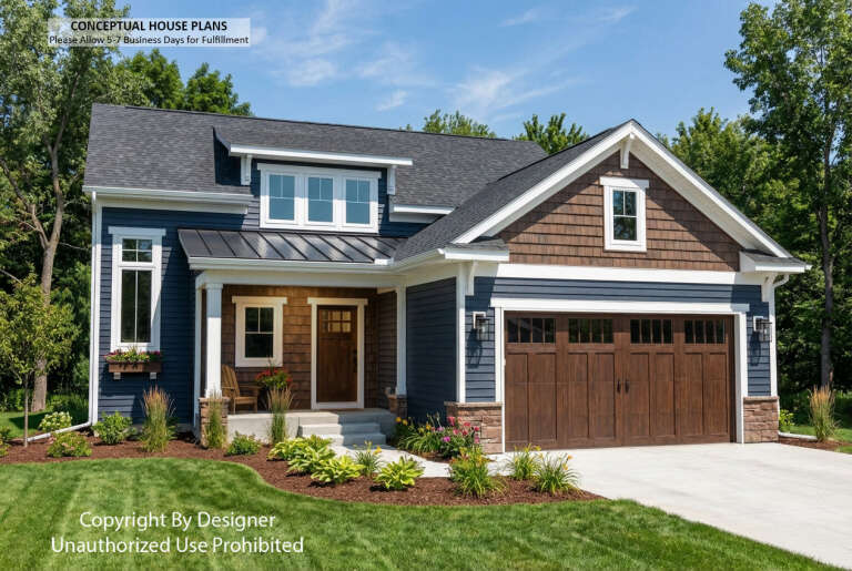 Angled front view of a blue Craftsman house, wood shake accents, stone base, dark garage door, and covered entry porch. House Plan # 098-00706
