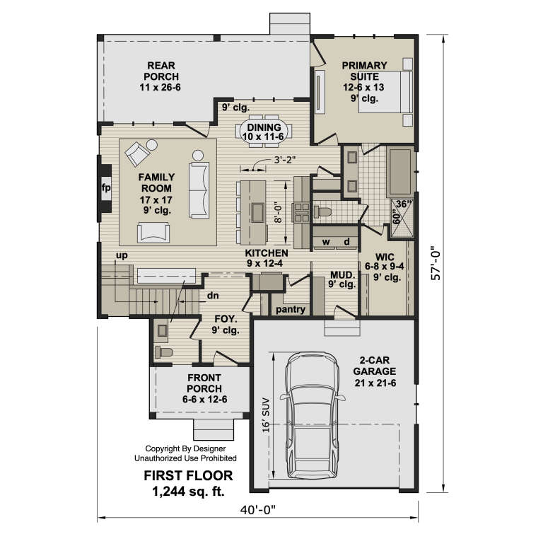 First-floor plan drawing with 1BR, 1.5BA, family room, kitchen, pantry, WIC, 2-car garage, stairs, and front/rear porches. House Plan # 098-00706