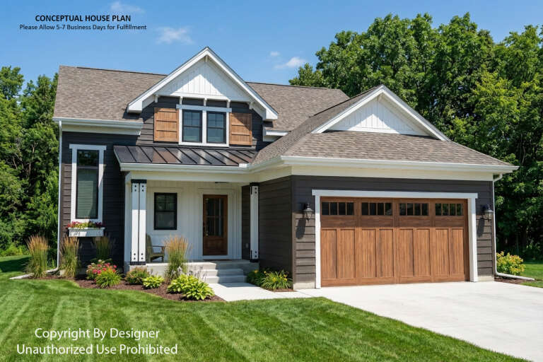 Angled front view of a dark gray Craftsman house, wood shutters, metal porch roof, and wood-toned garage door. House Plan # 098-00707