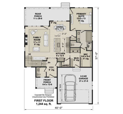 First-floor plan drawing with 1BR, 1.5BA, family room, kitchen, dining, pantry, WIC, mudroom, 2-car garage, and porches. House Plan # 098-00707