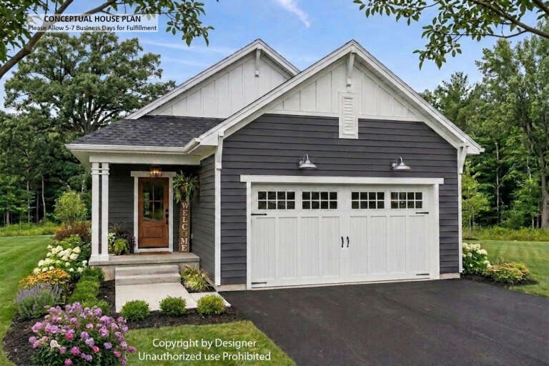 Front view of a grey and white house in Modern Farmhouse style, gabled roof, white garage door, and covered entry. House Plan # 098-00708