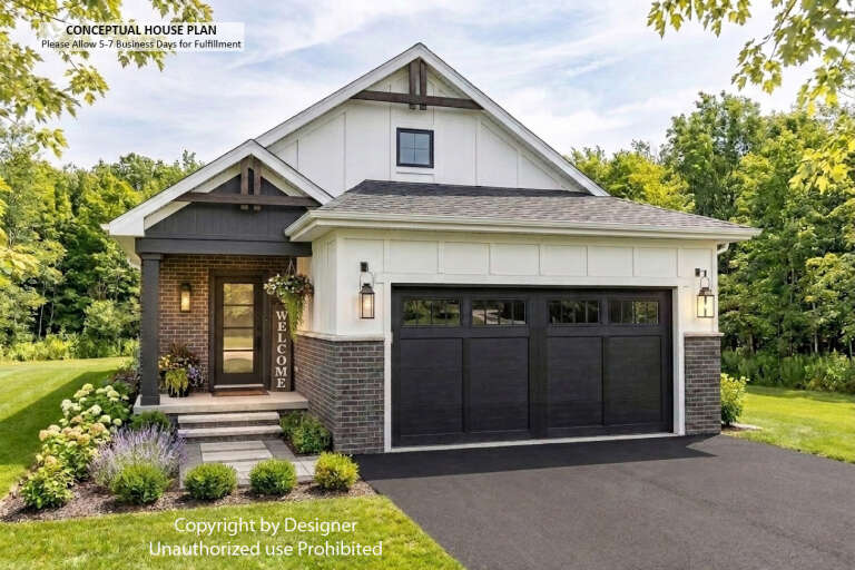 Front view of a white house in Modern Farmhouse style, brick base, dark garage door, gabled roof, and landscaped entry. House Plan # 098-00709