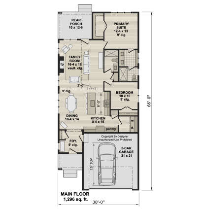 Main floor plan drawing with 2BR, 2BA, kitchen, dining, family room with fp, pantry, Ldry, 2-car garage, and rear porch. House Plan # 098-00709