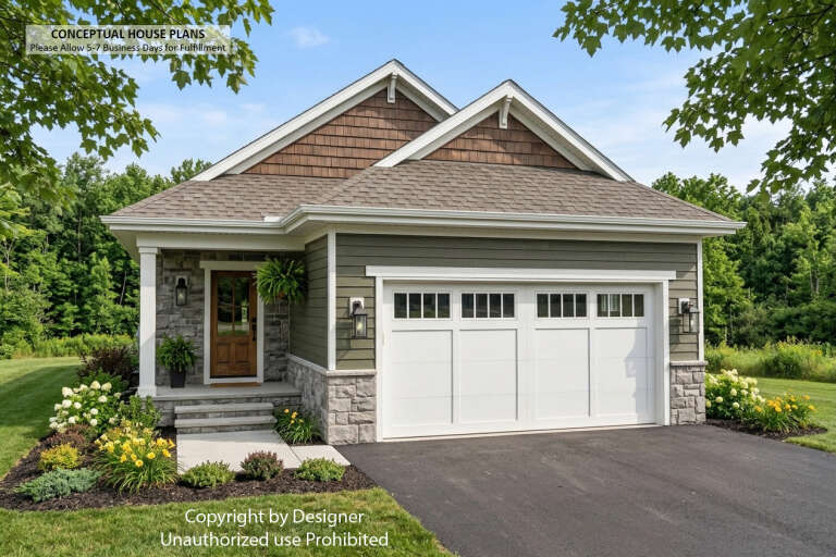 Front view of an olive Craftsman house, stone base, shake gables, white garage door, wood entry door, and landscaping. House Plan # 098-00710