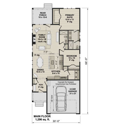 Main floor plan drawing with 2BR, 2BA, kitchen, dining, family room with fp, vault clg, pantry, Ldry, and 2-car garage. House Plan # 098-00710
