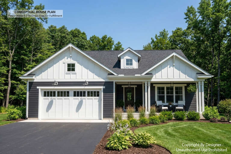 Front view of a white and charcoal house in Modern Farmhouse style, board-and-batten siding, gabled roof, and porch. House Plan # 098-00711