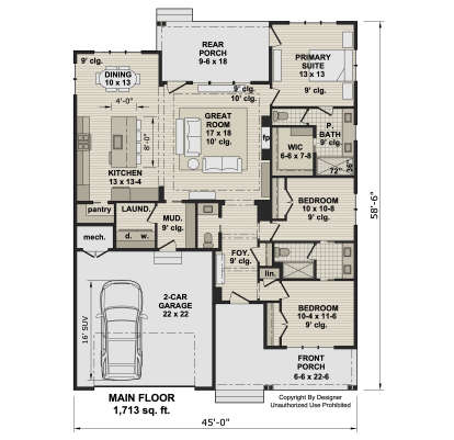 Main floor plan drawing with 3BR, 2BA, kitchen, dining, great room, WIC, 2-car garage, pantry, Ldry, mudroom, and 2 porches. House Plan # 098-00711