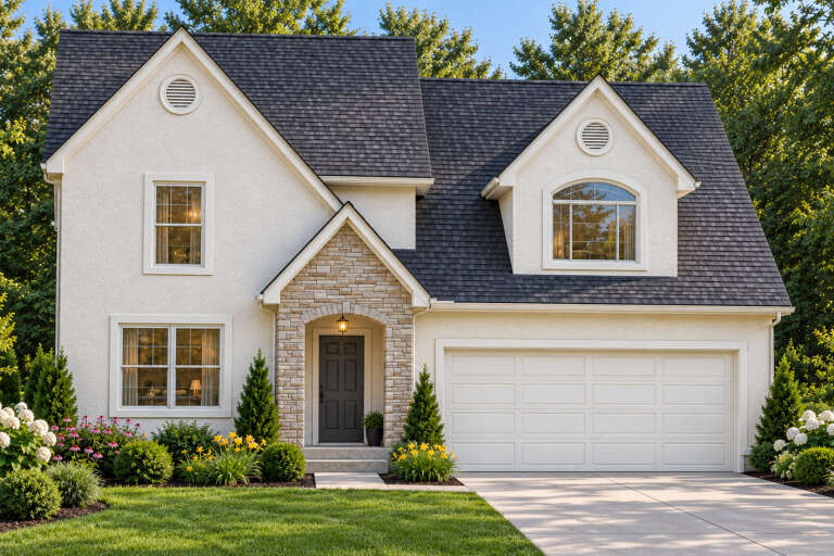 Front view of a white house in European style, stone entry, dark shingle roof, arched window, and landscaped lawn. House Plan # 8768-00270