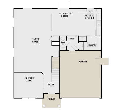 Main floor plan drawing with family room, living room, kitchen, dining, pantry, mudroom, PWD, stairs, garage, and porch. House Plan # 8768-00270