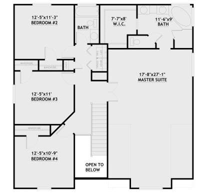Second-floor plan drawing with 4BR, 2BA, master suite, WIC, Ldry, stairs, and open-to-below area. House Plan # 8768-00270
