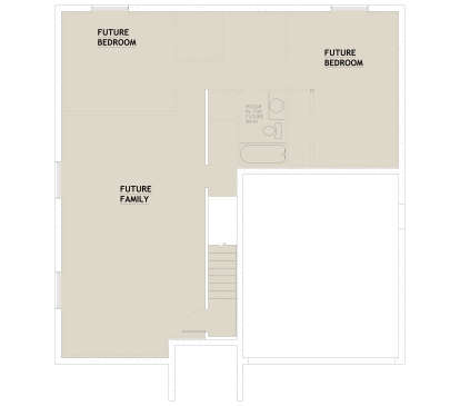 Basement floor plan drawing with 2 future BR, future BA rough-in, future family room, and stairs. House Plan # 8768-00270