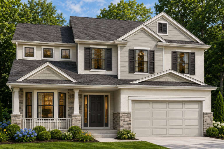 Front view of a gray house in Craftsman style, stone accents, black shutters, covered porch, and gabled rooflines. House Plan # 8768-00271