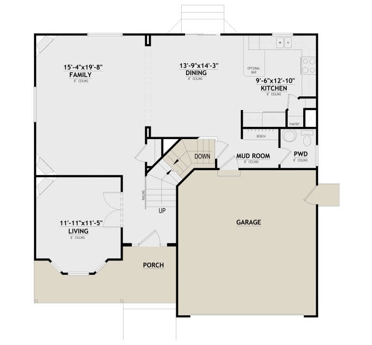 Main floor plan drawing with family room, dining, kitchen, living room, mud room, powder room, garage, and porch. House Plan # 8768-00271