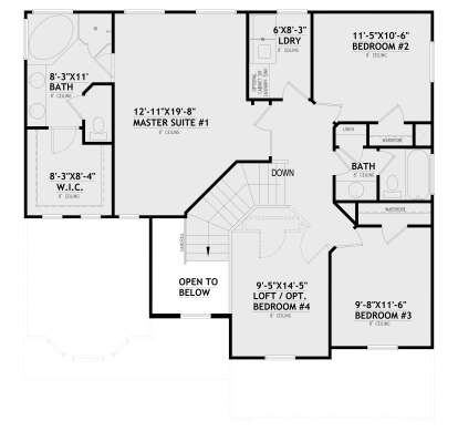 Second-floor plan drawing with 4BR, 2BA, master suite, WIC, Ldry, loft, stairs, and open-to-below area. House Plan # 8768-00271