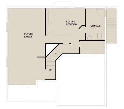 Basement floor plan drawing with future family room, future BR, 1BA, storage, stairs, and exterior access. House Plan # 8768-00271