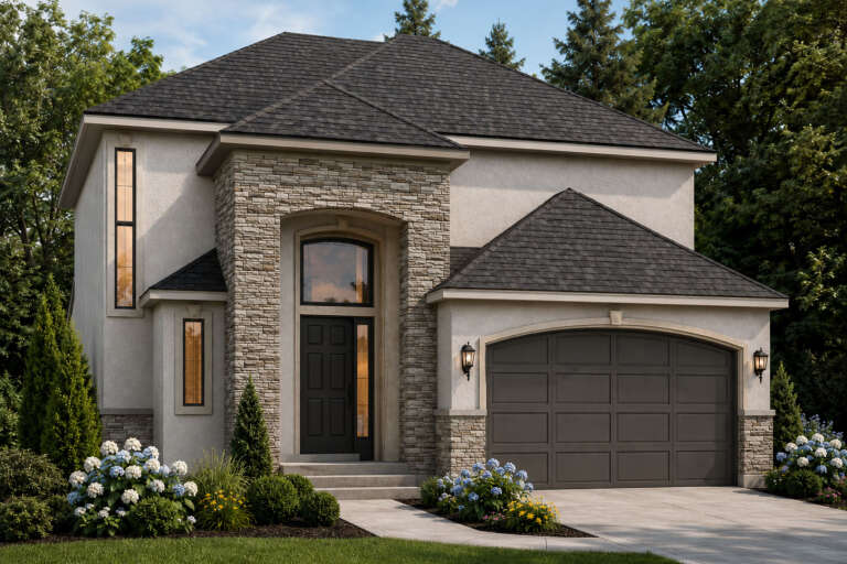 Front view of a beige house in European style, stone accents, arched entry, dark garage, and hip roof. House Plan # 8768-00272