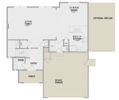 Main floor plan drawing with family room, dining, kitchen, pantry, powder room, 2-car garage, optional 3rd car, and porch. House Plan # 8768-00272