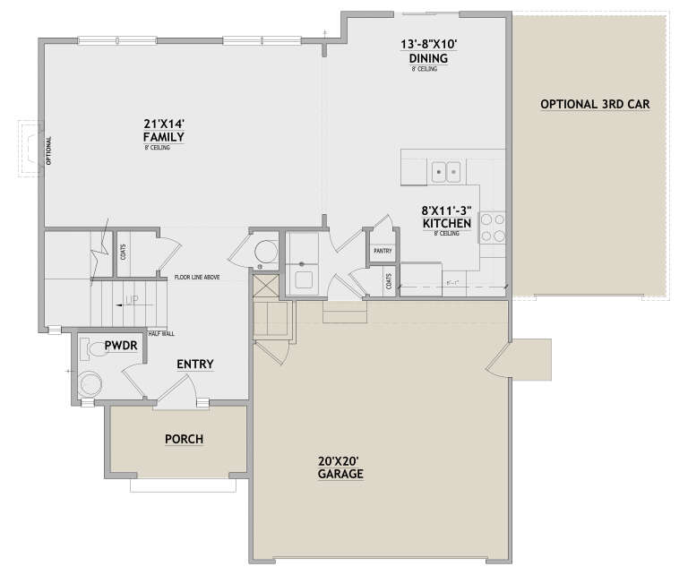 Main floor plan drawing with family room, dining, kitchen, pantry, powder room, 2-car garage, optional 3rd car, and porch. House Plan # 8768-00272