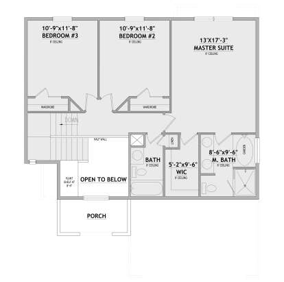 Second-floor plan drawing with 3BR, 2BA, master suite, WIC, stairs, open-to-below area, and plant shelf. House Plan # 8768-00272