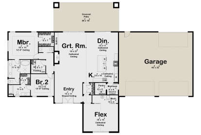Main floor plan drawing with 2BR, 2BA, kitchen, dining, great room, flex room, pantry, mudroom, 3-car garage, covered patio. House Plan # 963-01351