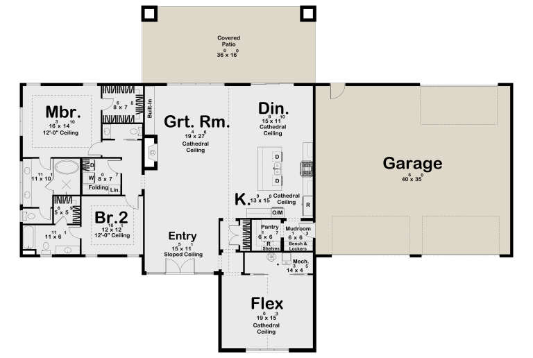 Main floor plan drawing with 2BR, 2BA, kitchen, dining, great room, flex room, pantry, mudroom, 3-car garage, covered patio. House Plan # 963-01351