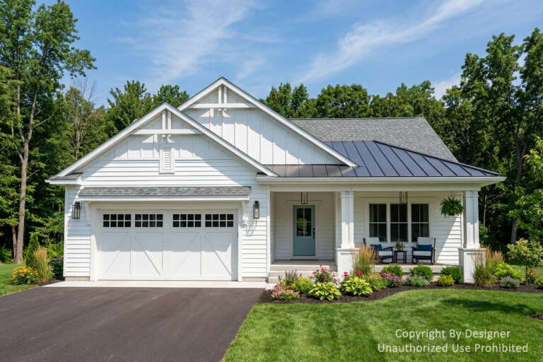 Front view of a white house in Modern Farmhouse style, board-and-batten siding, metal roof, and blue front door. House Plan # 098-00712