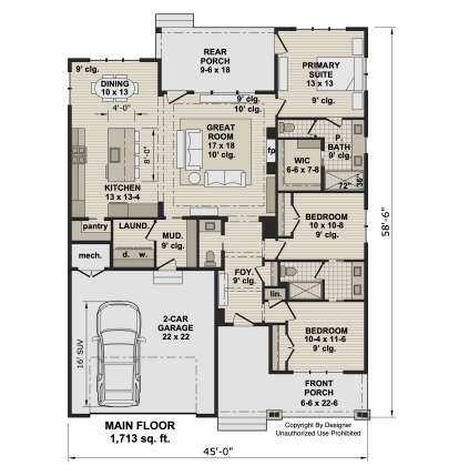 Main floor plan drawing with 3BR, 2BA, kitchen, great room, dining, WIC, 2-car garage, mudroom, pantry, and 2 porches. House Plan # 098-00712