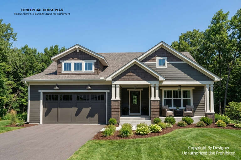 Front view of a gray Craftsman house, shake siding, gabled roof, covered porch, and attached garage. House Plan # 098-00713