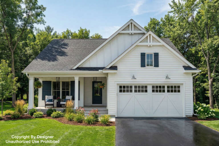 Front view of a white house in Modern Farmhouse style, board-and-batten siding, blue shutters, and two-car garage. House Plan # 098-00714