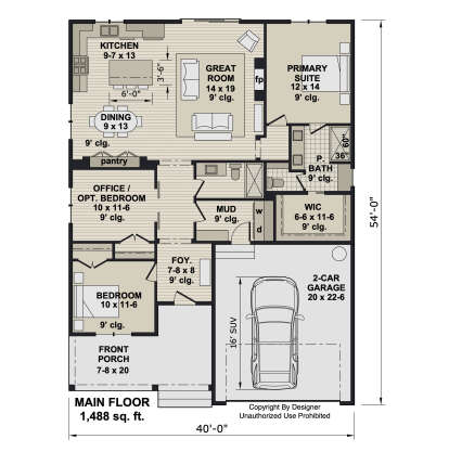 Main floor plan drawing with 2BR, office, 2BA, great room, kitchen, pantry, WIC, mudroom, 2-car garage, porch, 9' ceilings. House Plan # 098-00714