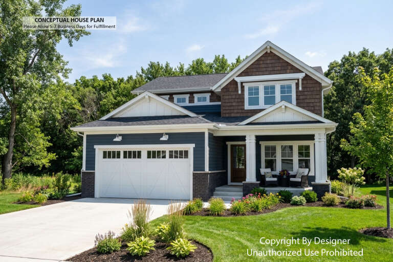 Angled front view of a blue Craftsman house, brown shingle accents, brick base, covered porch, and gabled rooflines. House Plan # 098-00715