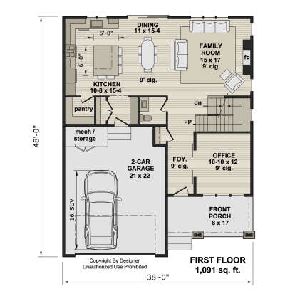 Main floor plan drawing with kitchen, dining, family room, fp, office, 1/2 BA, 2-car garage, pantry, and front porch. House Plan # 098-00715