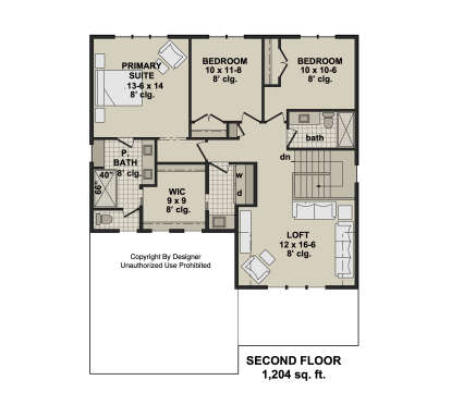 Second-floor plan drawing with 3BR, 2BA, loft, WIC, Ldry, and stairs. All rooms have 8' ceilings. House Plan # 098-00715