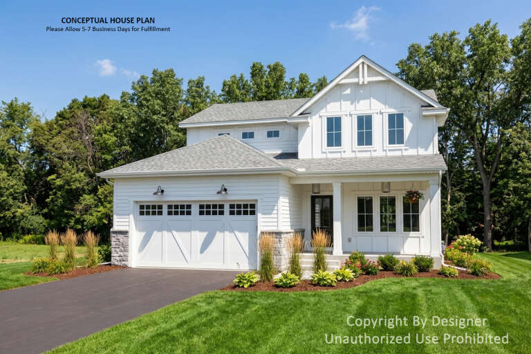 Angled front view of a white house in Modern Farmhouse style, stone accents, carriage garage, and covered front porch. House Plan # 098-00716