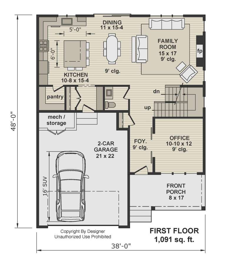 First-floor plan drawing with kitchen, dining, family room, FP, office, 2-car garage, pantry, storage, and front porch. House Plan # 098-00716