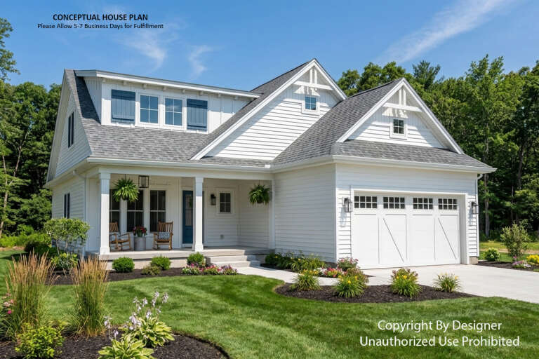 Angled front view of a white house in Modern Farmhouse style, blue shutters, covered porch, and two-car garage. House Plan # 098-00717