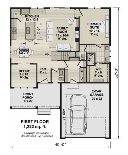 First-floor plan drawing with 1BR, 1.5BA, office, kitchen, family room, fireplace, WIC, Ldry, 2-car garage, and porch. House Plan # 098-00717