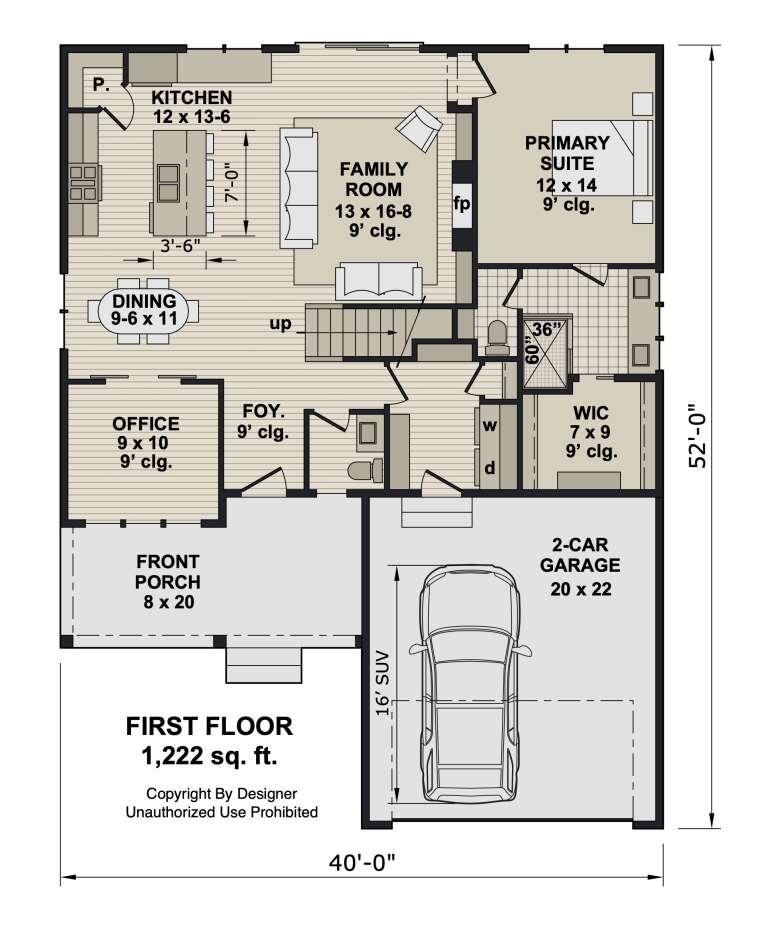 First-floor plan drawing with 1BR, 1.5BA, office, kitchen, family room, fireplace, WIC, Ldry, 2-car garage, and porch. House Plan # 098-00717